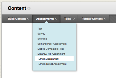 Screenshot of assessments drop down tab with turnitin assignment option highlighted